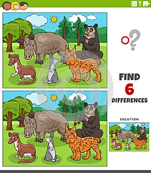 Differences game with cartoon wild animal characters