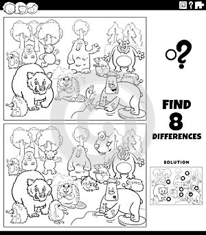 Differences game with cartoon wild animals coloring book page