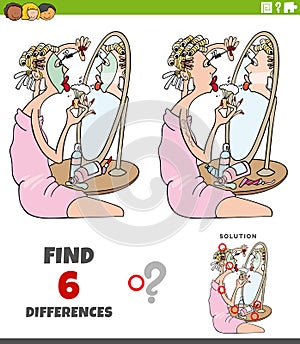 Differences game with cartoon woman doing makeup