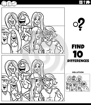 differences game with cartoon young people coloring page