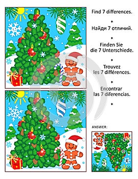 Differences game with christmas tree and gingerbread man. Answer included.