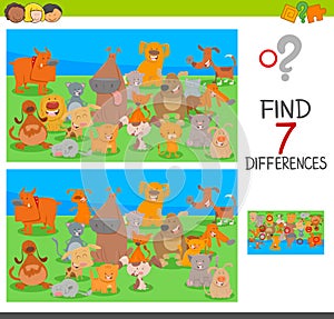 Differences game with dog and cat characters