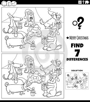 Differences game with dogs on Christmas time coloring book page