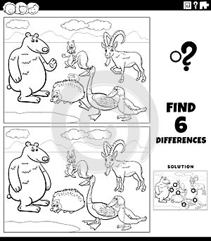 Differences game with funny cartoon animals coloring book page