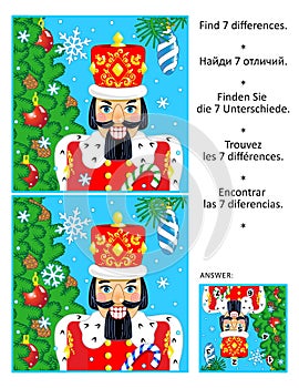 Differences game with nutcracker and christmas tree. Answer included.