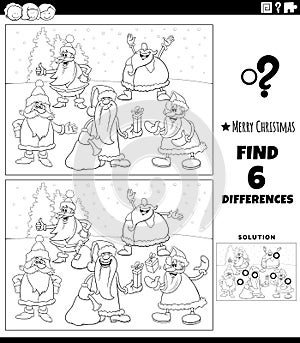 Differences game with Santas on Christmas coloring page