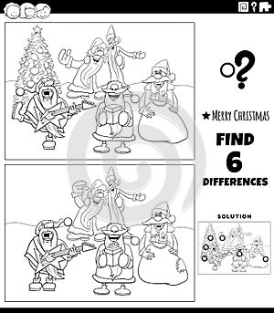 Differences game with Santas singing a carol coloring page