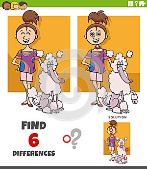 Differences game with teen cartoon girl and her poodle dog