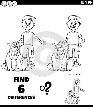 Differences task with boy and his pet dog coloring page