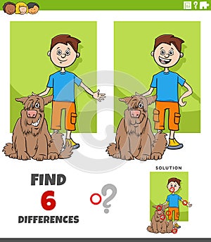 Differences task with cartoon boy and his pet dog