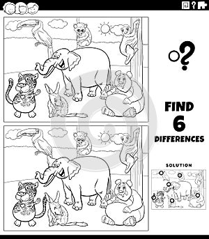 Differences task with cartoon wild animals coloring book page