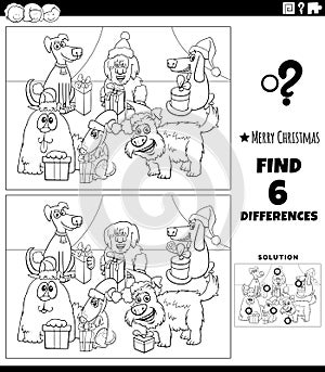Differences task with dogs on Christmas coloring page
