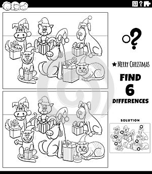 Differences task with pets on Christmas coloring page