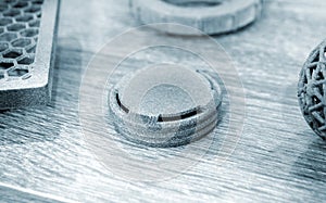 Different Abstract objects printed on powder 3D printer. Multi Jet Fusion MJF.