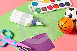 Different accessories for craft on pink background