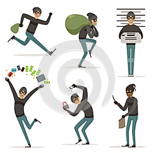 Different actions scenes with cartoon bandit. Vector mascot of thief in action poses. Illustrations of robbery or raid