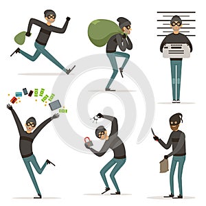 Different actions scenes with cartoon bandit. Vector mascot of thief in action poses. Illustrations of robbery or raid photo
