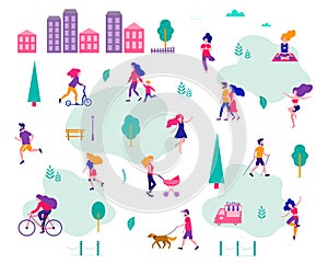 Different activities of people in the summer city. People in the park. Vector flat illustration