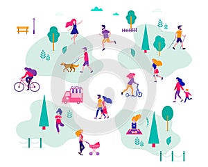 Different activities of people in the summer city. People in the park. Vector flat illustration