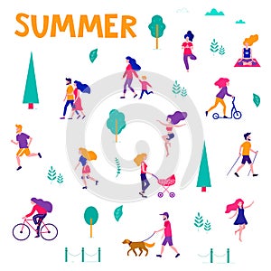 Different activities of people in the summer city. People in the park. Vector flat illustration