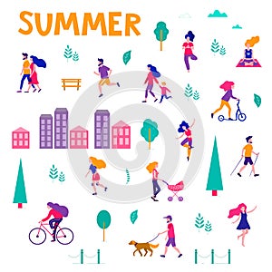 Different activities of people in the summer city. People in the park. Vector flat illustration