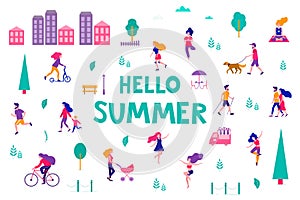 Different activities of people in the summer city. People in the park. Vector flat illustration