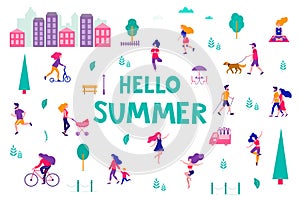 Different activities of people in the summer city. People in the park. Vector flat illustration