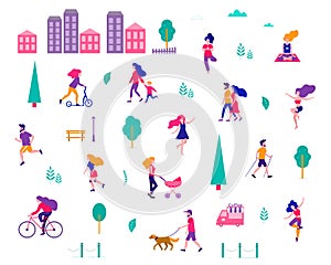 Different activities of people in the summer city. People in the park. Vector flat illustration