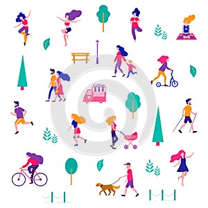 Different activities of people in the summer city. People in the park. Vector flat illustration