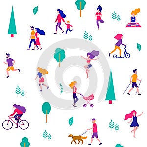Different activities of people in the summer city. People in the park. Vector flat illustration