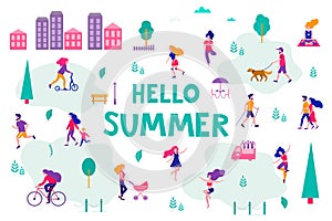 Different activities of people in the summer city. People in the park. Vector flat illustration