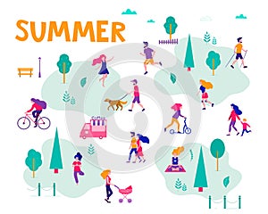 Different activities of people in the summer city. People in the park. Vector flat illustration