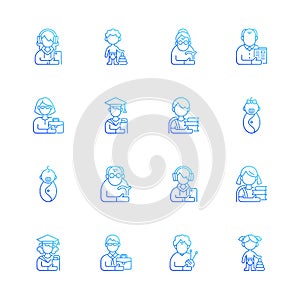 Different age and gender groups gradient linear vector icons set