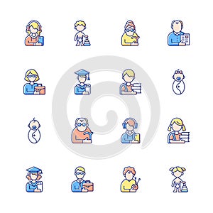 Different age and gender groups RGB color icons set