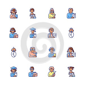 Different age and gender groups RGB color icons set