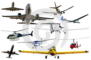 Different airplanes isolated on white