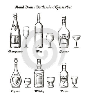 Different alcohol bottles and glasses