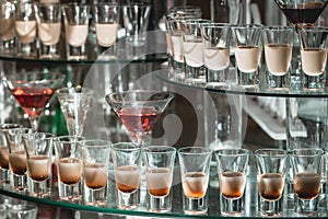 Different alcohol drinks on a glass stand. wine, champagne, cognac, vodka, martini