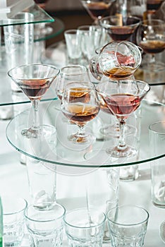 Different alcohol drinks on a glass stand. wine, champagne, cognac, vodka, martini