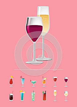 Different Alcohol Drinks Isolated on Pink Backdrop
