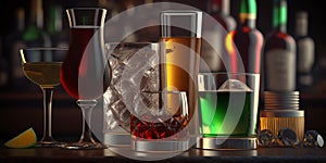 Different alcohol drinks set - beer, wine, cocktail, juice, champagne, scotch, soda are placed on the counter bar in the