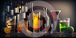 Different alcohol drinks set - beer, wine, cocktail, juice, champagne, scotch, soda are placed on the counter bar in the