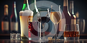 Different alcohol drinks set - beer, wine, cocktail, juice, champagne, scotch, soda are placed on the counter bar in the