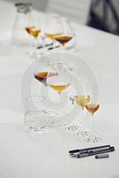 Different alcoholic beverages for blind tasting conduction. Sommelier school, wine waiter professional work.