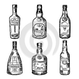 Different alcoholic drinks in bottles. Vector illustration in hand drawn style