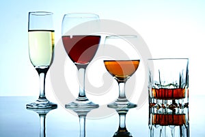 Different Alcoholic Drinks in glass and goblets