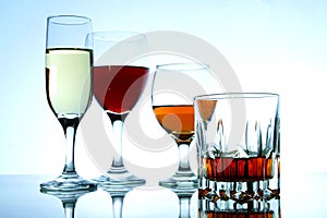 Different Alcoholic Drinks in glass and goblets