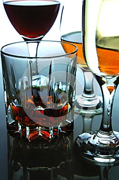 Different Alcoholic Drinks in glass and goblets