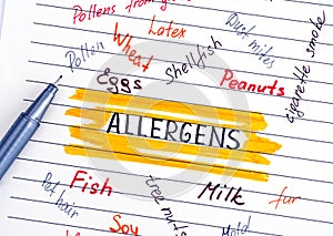 Different allergens written on lined paper with pen.