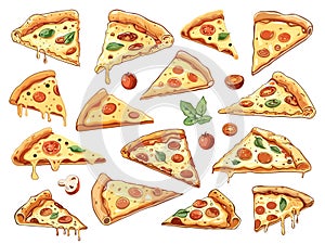 Different angle pizza pieces set with melted cheese. Italian tasty food vector set photo